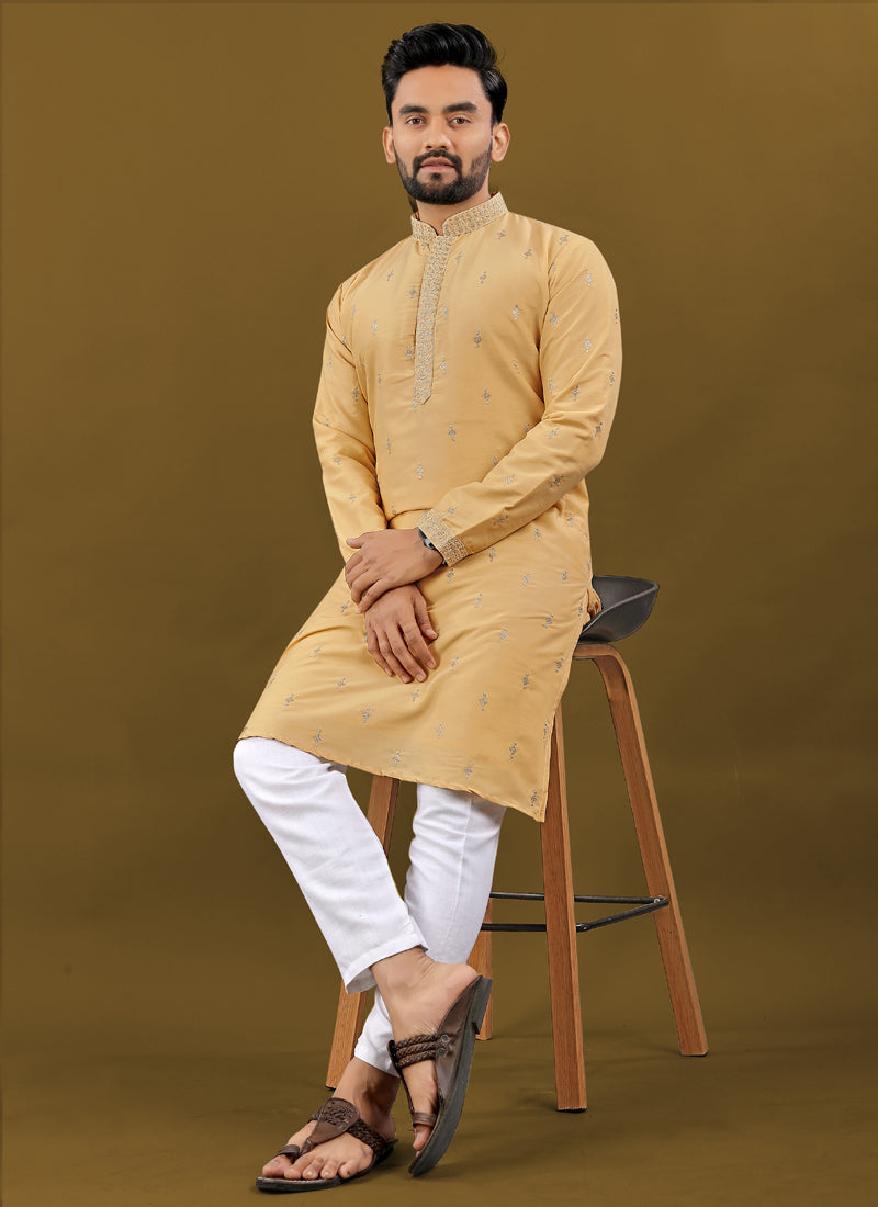 Prazu Fashion Yellow Matka Silk All Over Silver Jari With Embroidery Buti Designer Kurta For Men's