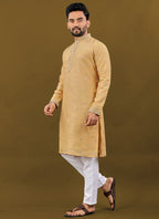 Prazu Fashion Yellow Matka Silk All Over Silver Jari With Embroidery Buti Designer Kurta For Men's