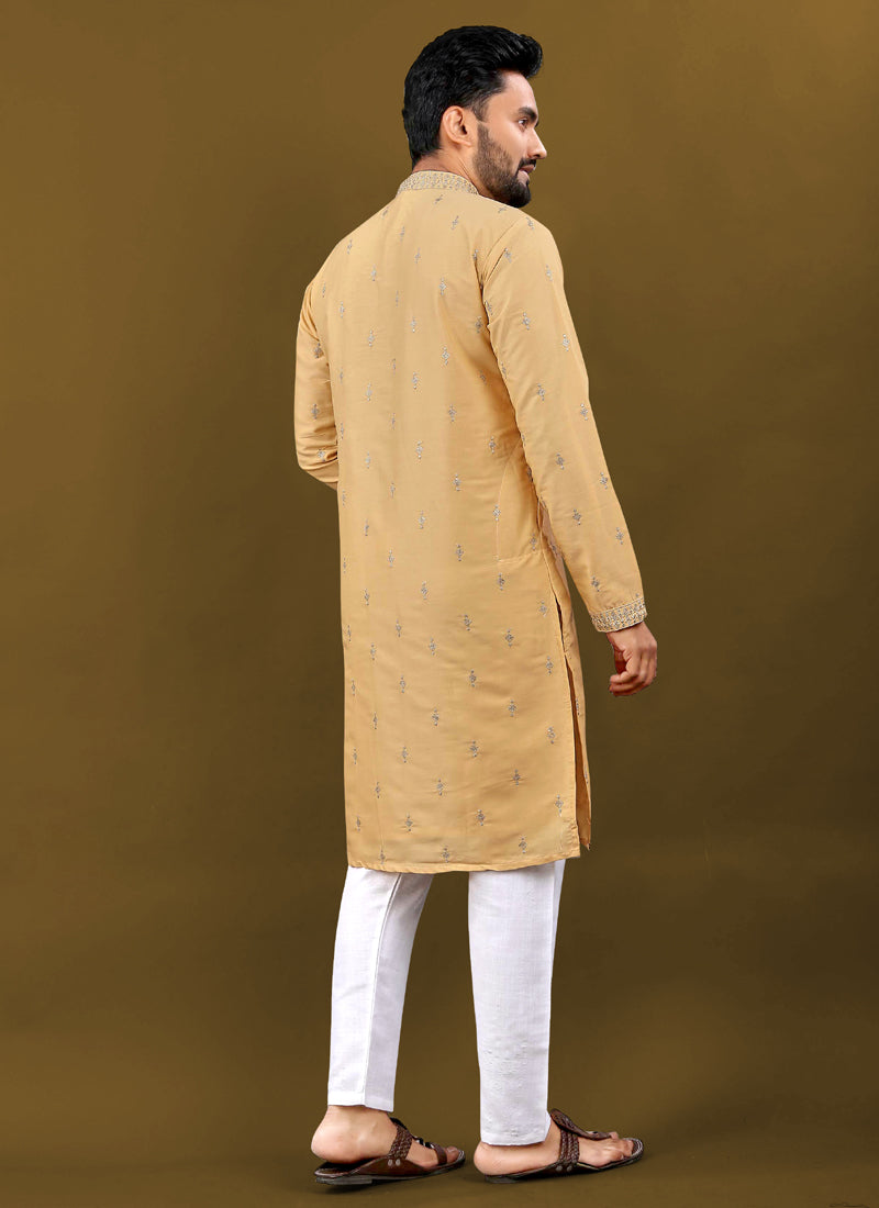 Prazu Fashion Yellow Matka Silk All Over Silver Jari With Embroidery Buti Designer Kurta For Men's