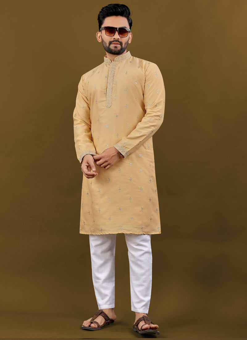 Prazu Fashion Yellow Matka Silk All Over Silver Jari With Embroidery Buti Designer Kurta For Men's