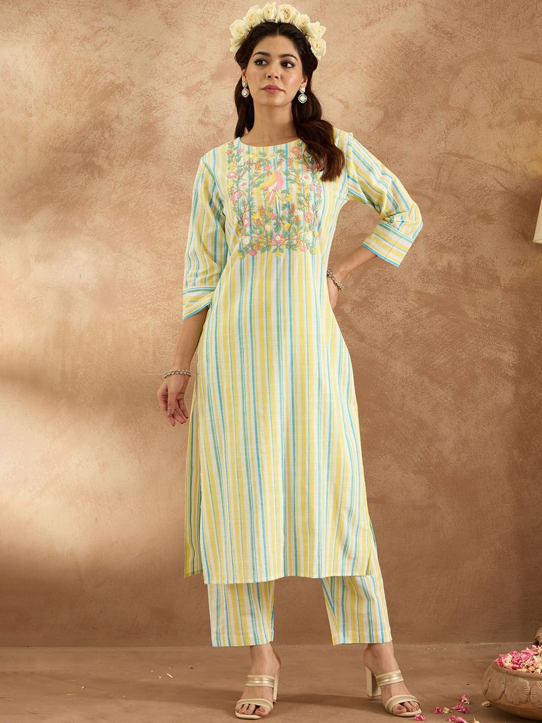 Indo Era Women Floral Embroidered Regular Thread Work Pure Cotton Kurta with Trousers - Distacart