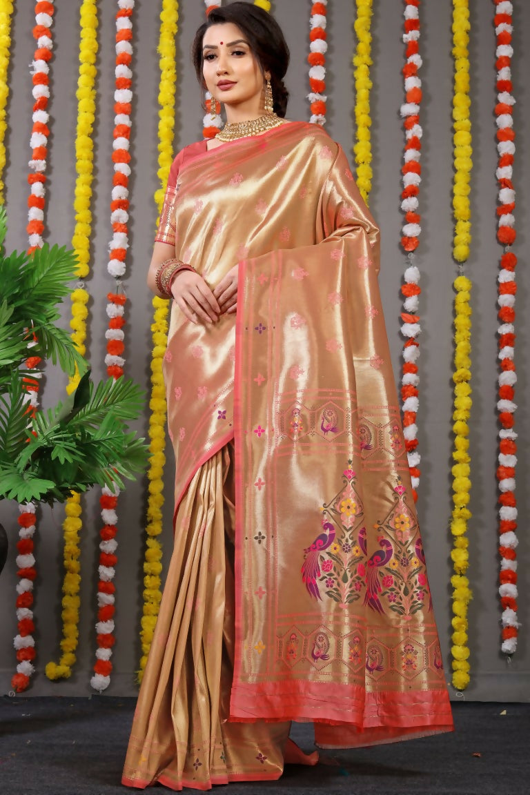 Jyoti Fashion Women's Peach Paithani Silk Zari Woven Saree with Blouse
