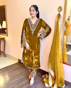 Joban Fashion Mustard Gold Velvet Embroidery Kurta Set - Distacart