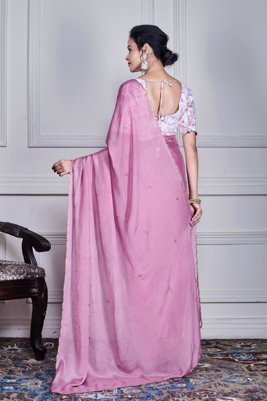 Morchari Purple Chiffon Hand Embroidery Saree And Stitched Blouse - Distacart