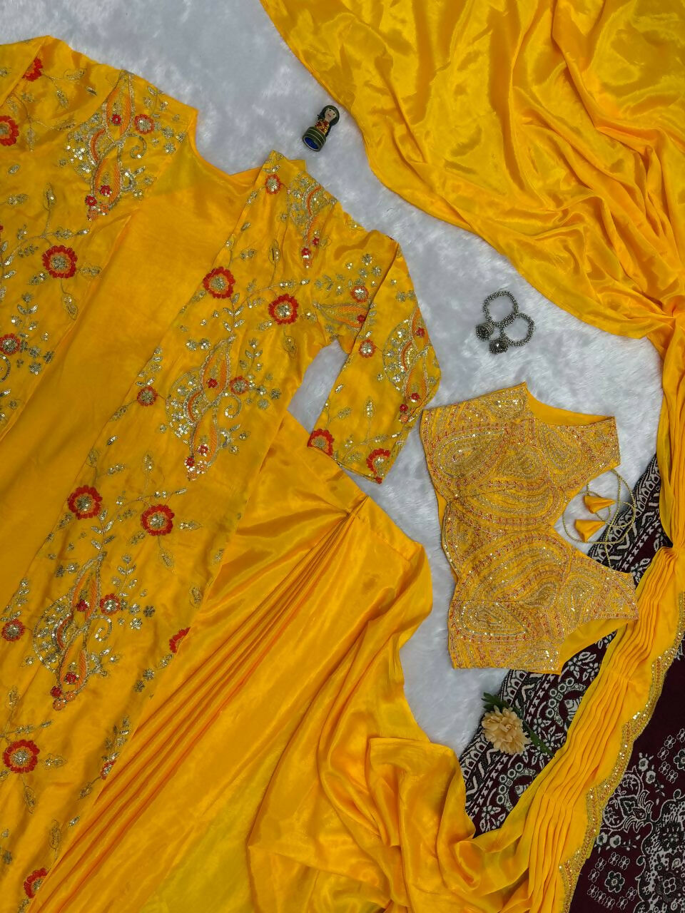 Teeya Creation Yellow Color Chinon Silk Designer Embroidery Work Ready To Wear Saree With Koti - Distacart
