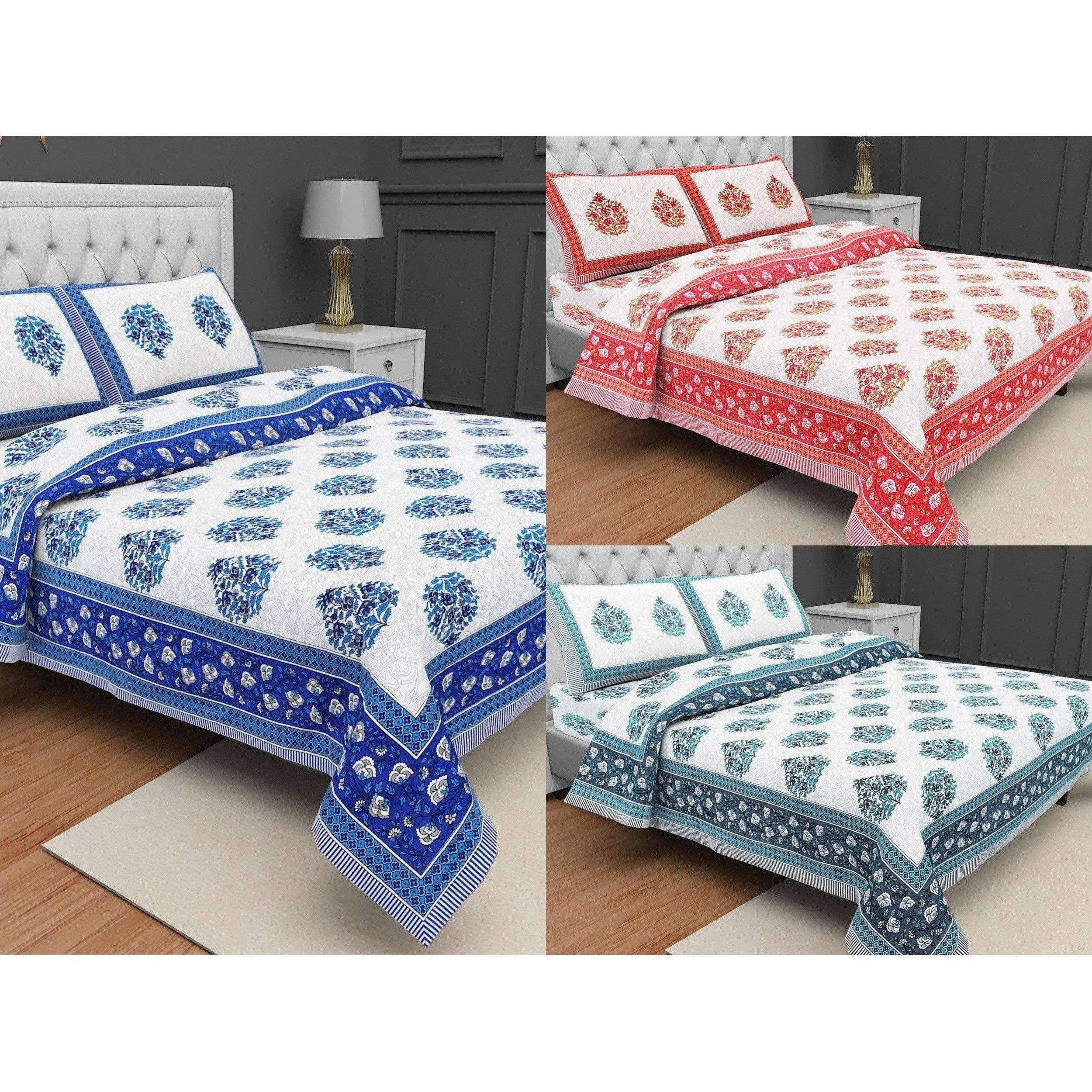 Queen Size 230x270 Cms Jaipuri Hand Block Printed Traditional 144TC Cotton Bedsheet with 2 Pillow Covers