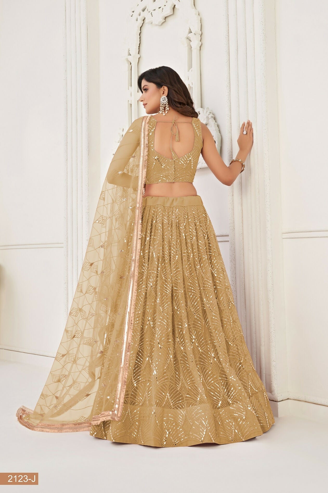 Eilara Beige Sequin Thread Embroidered Net Lehenga Set