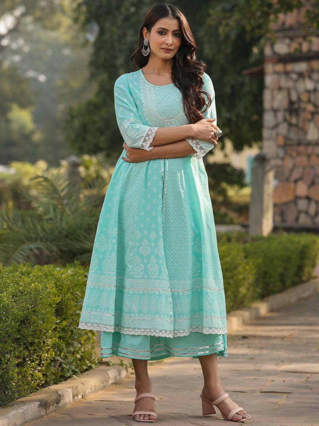 Juniper Women's Aqua Cambric Floral Printed Double Layered Kalidar Dress - Distacart
