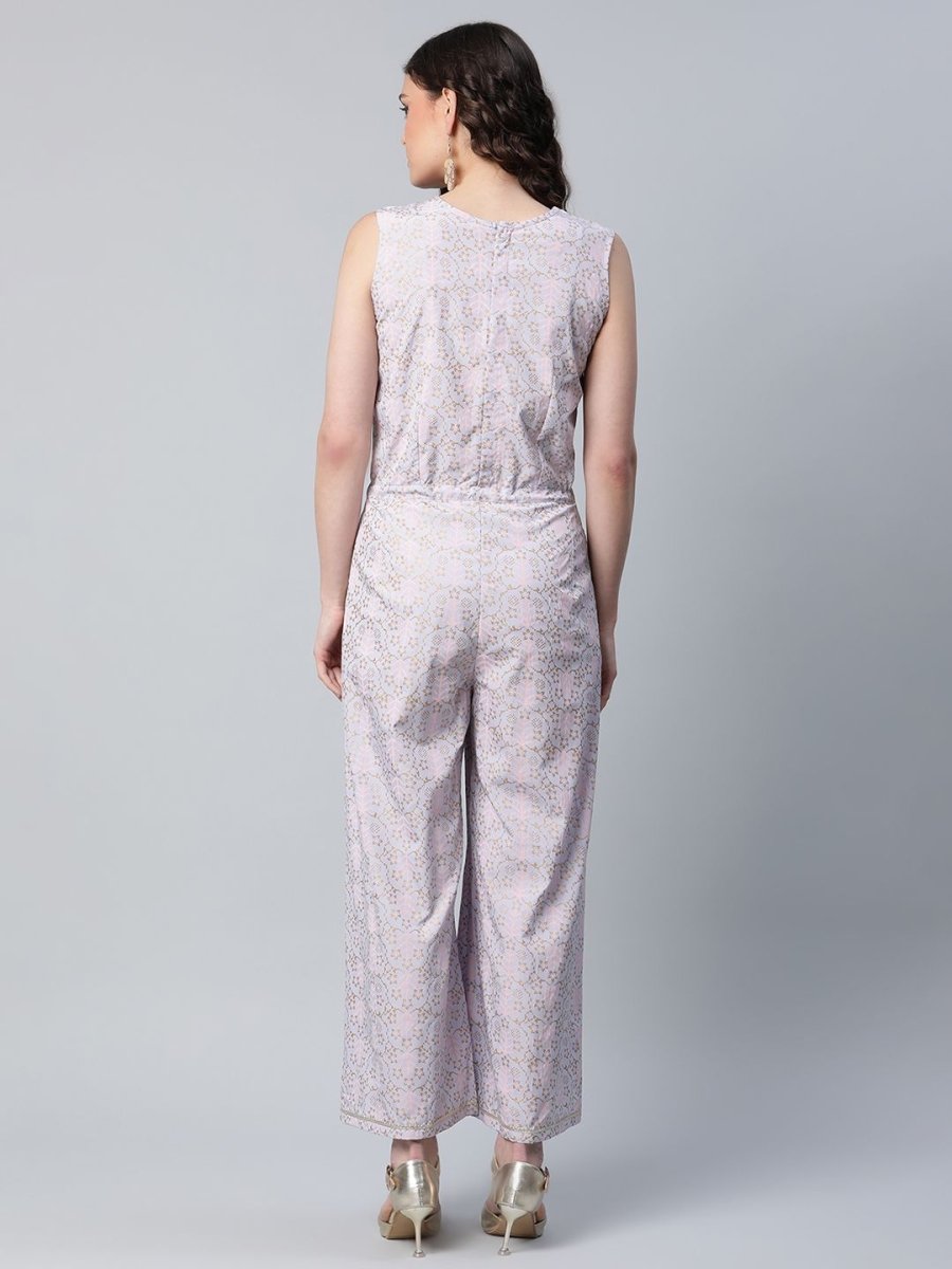 Ahalyaa Womens Blue Crepe Gold Printed Jumpsuit