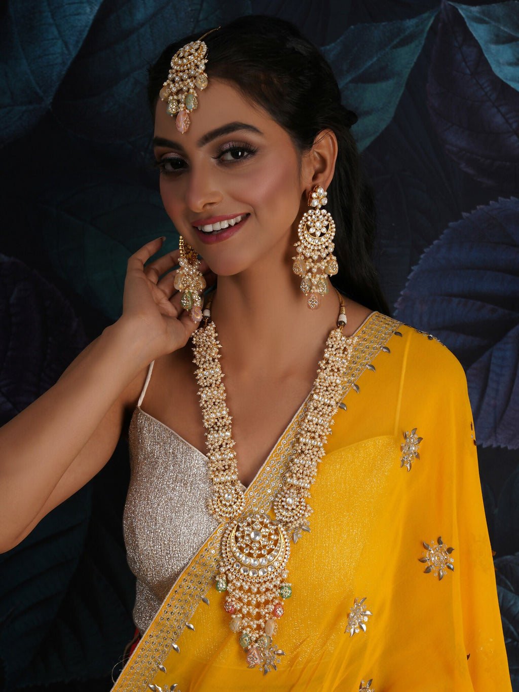 Long Kundan Neckpiece with Earrings & Maang Tikka with Multi Stones Jewellery Set (Gold) - Ruby Raang