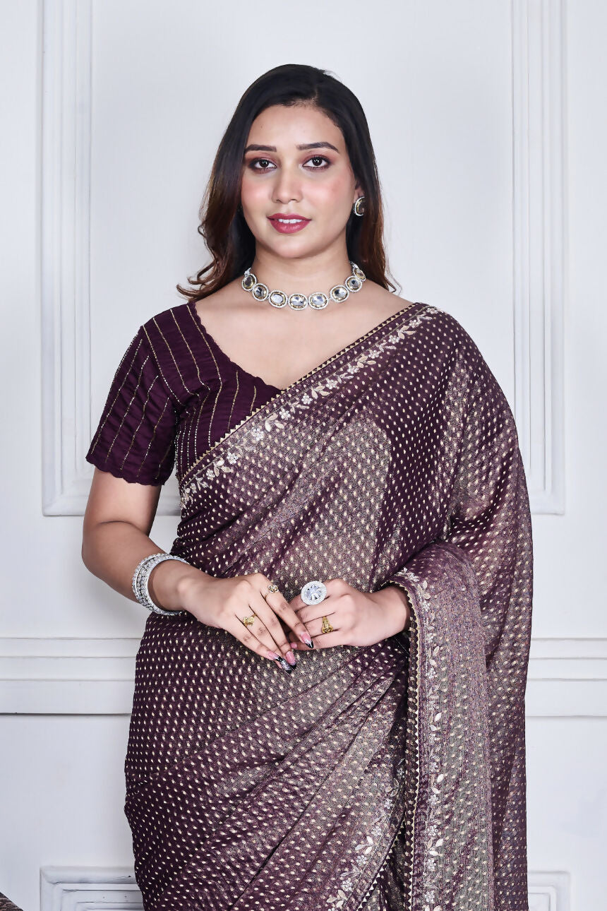 Morchari Purple Pure Chiffon Hand Embroidery Saree And Stitched Blouse - Distacart