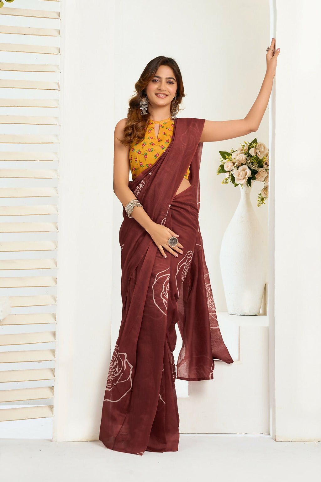 Vastranavya Dark Brown Digital Printed Linen Ready To Wear Designer Saree with Unstitched Blouse - Distacart