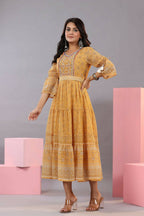 Juniper Women Yellow Georgette Geometric Printed Tiered Maxi Dress - Distacart