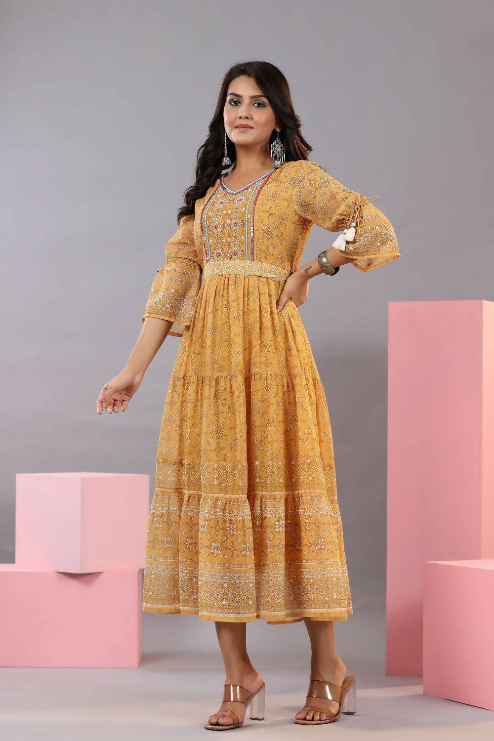 Juniper Women Yellow Georgette Geometric Printed Tiered Maxi Dress - Distacart