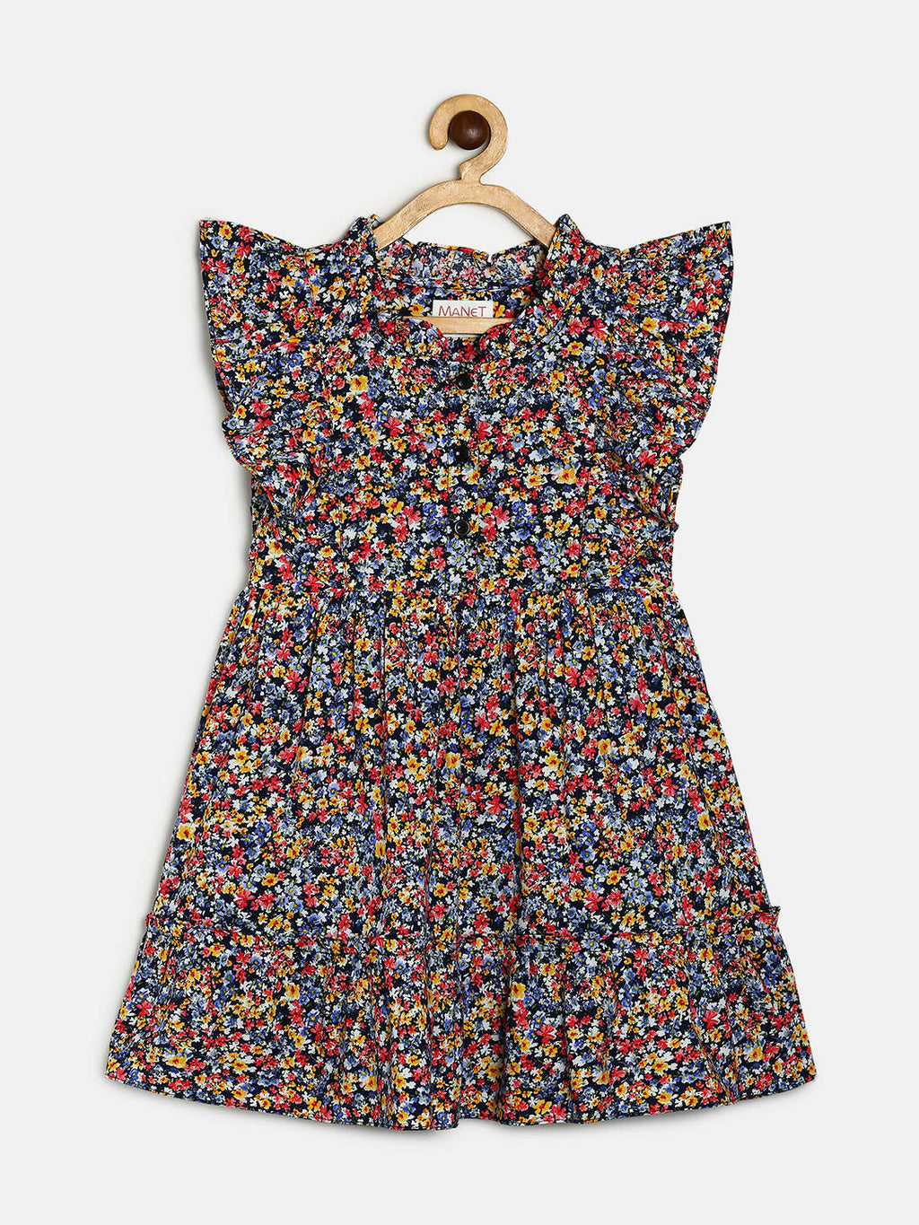 Manet Girls Cotton Frill Sleeve Frock Small Flower Print - Multicolour
