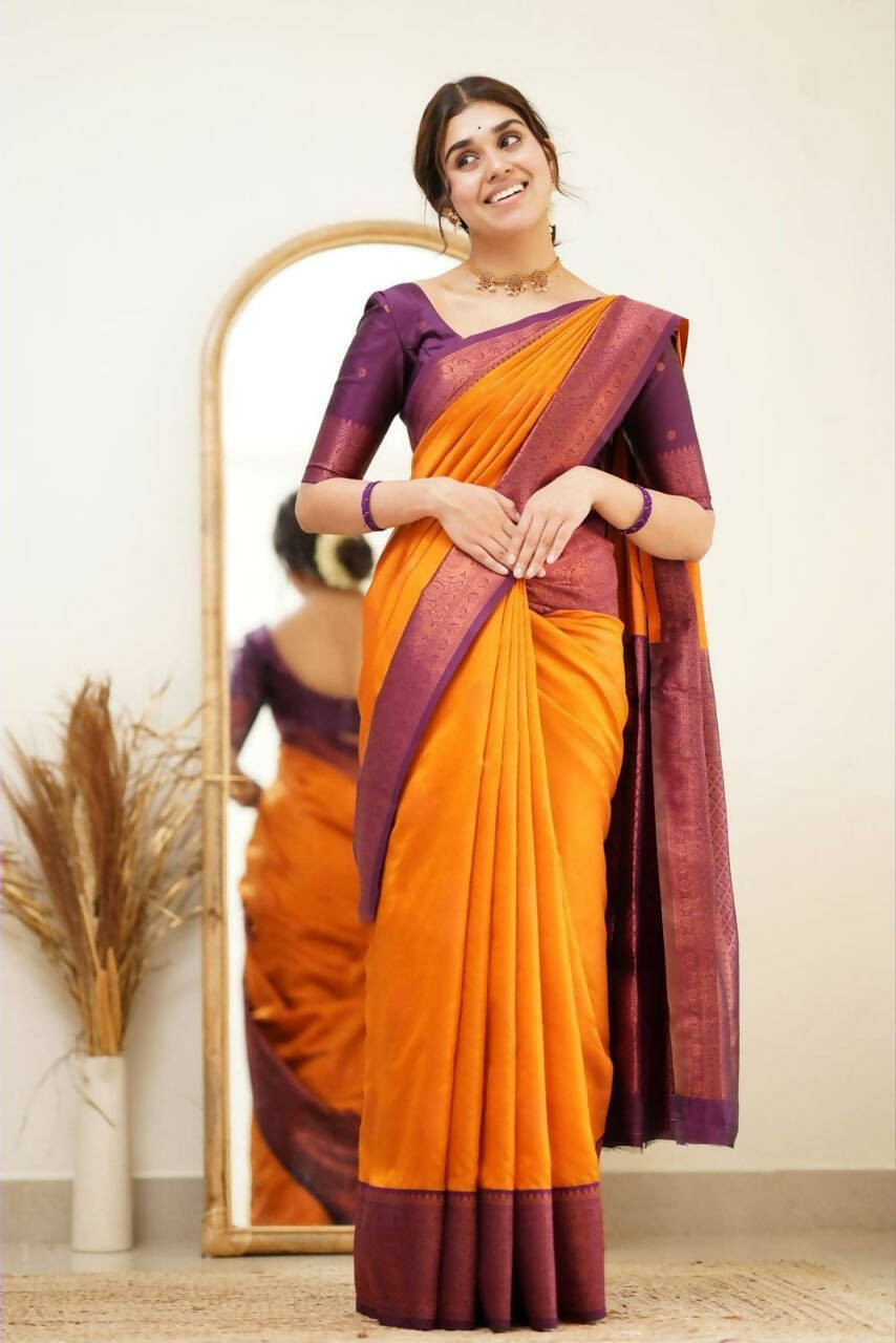 DEIANA'S Beautiful Designer Golden zari Soft Lichi Silk Saree - Yellow