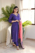 The52 Purple Women's Gorgeous Embroidered Vichitra Fabric Straight Kurta Pant with Dupatta Set - Distacart