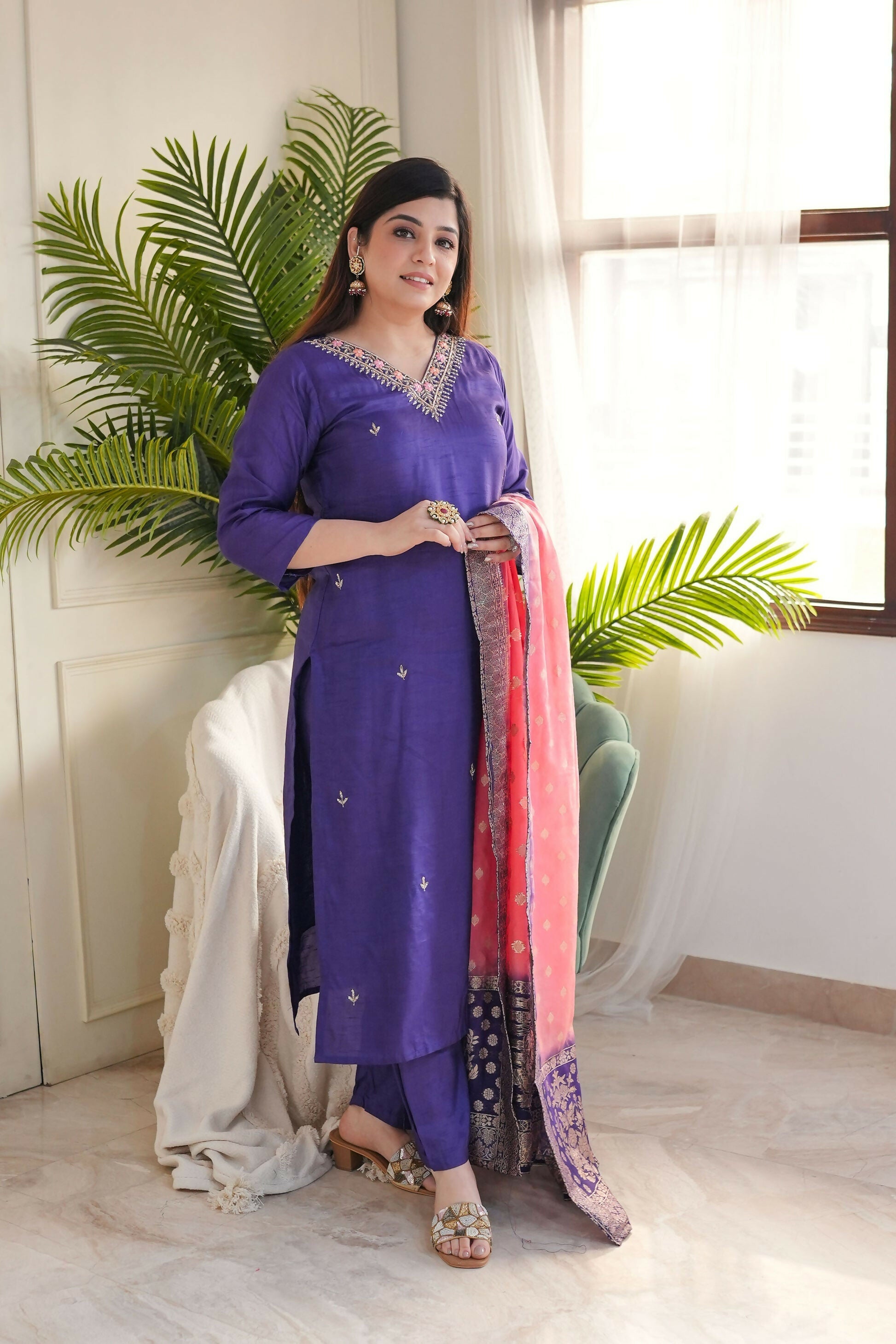 The52 Purple Women's Gorgeous Embroidered Vichitra Fabric Straight Kurta Pant with Dupatta Set - Distacart
