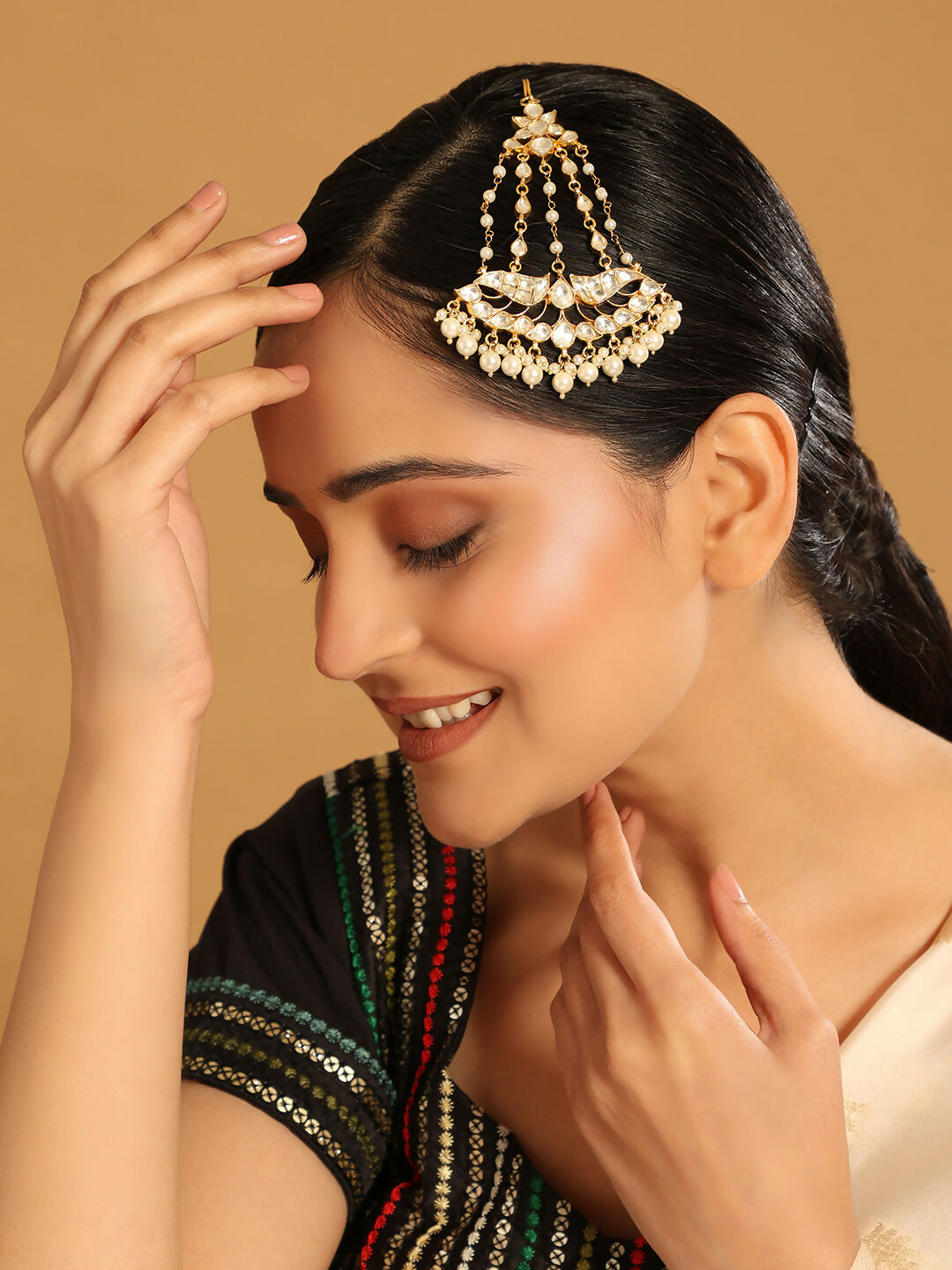 Nuyug 22K Gold-Plated Kundan & Pearl Studded Jhumar Paasa Head Jewellery - Distacart