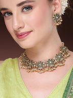 NVR Women's Gold-Polished Green Kundan- Studded & Beaded Handcrafted Temple Jewellery Set