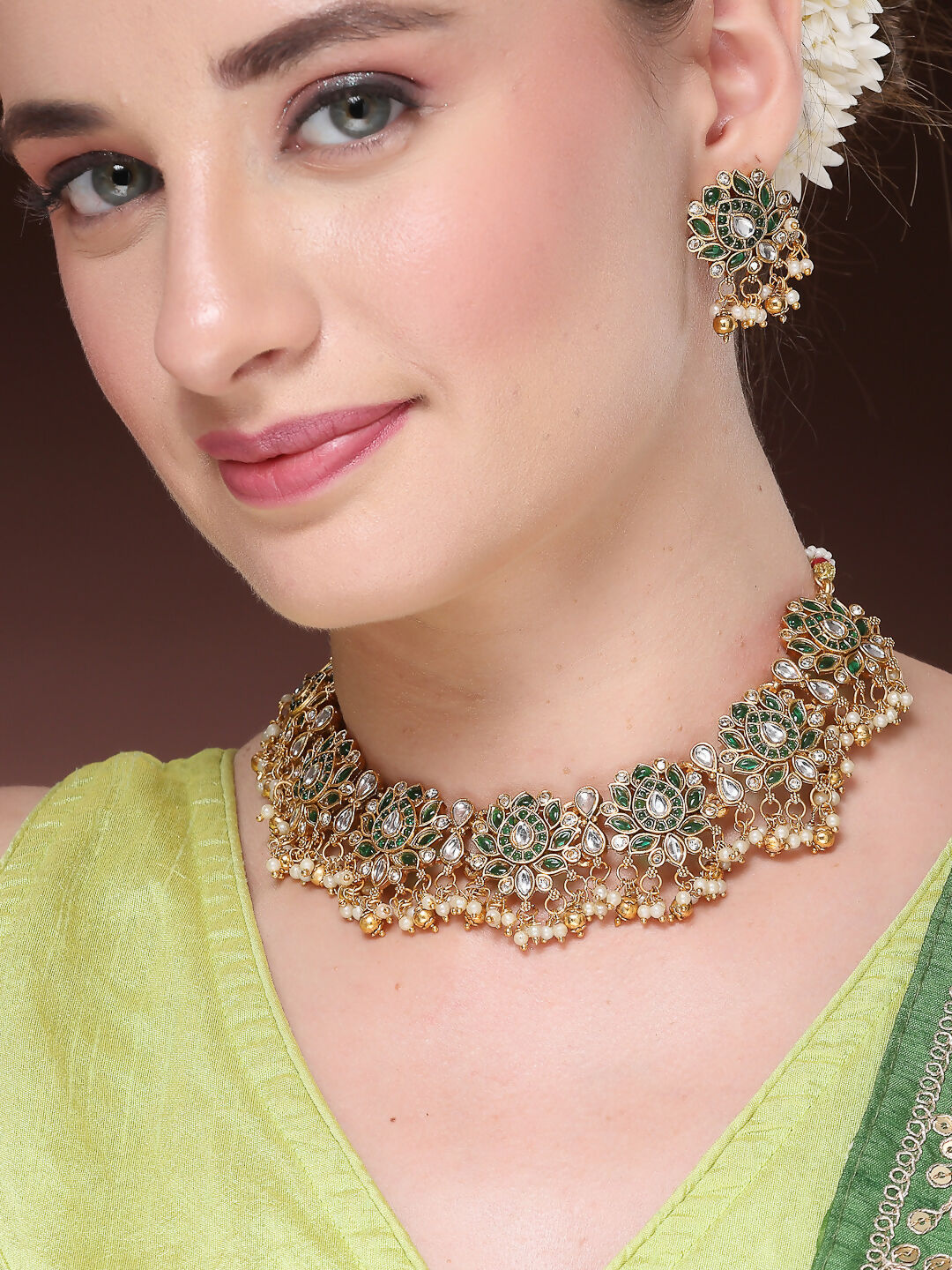 NVR Women's Gold-Polished Green Kundan- Studded & Beaded Handcrafted Temple Jewellery Set
