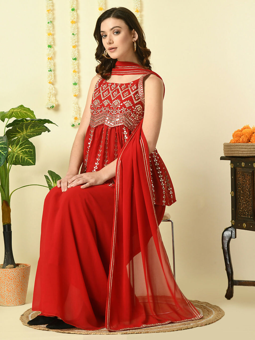 Myshka Women's Red Georgette Top & Skirt With Dupatta Party Sets