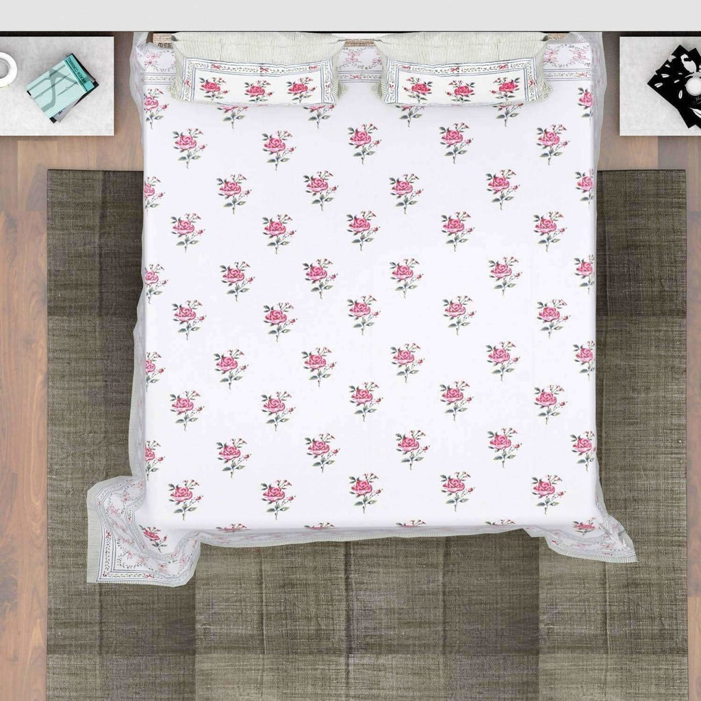 Hand Block Printed Double/Queen 90x108 Inches Bedsheet/Bedspread with 2 Pillow Covers