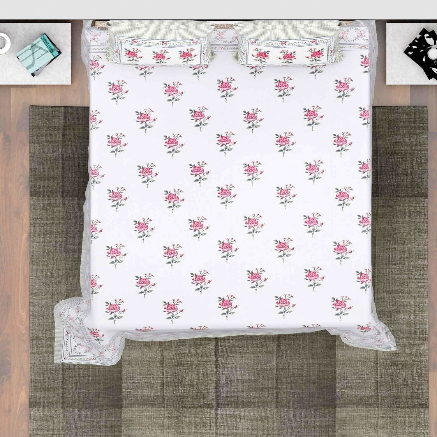 Hand Block Printed Double/Queen 90x108 Inches Bedsheet/Bedspread with 2 Pillow Covers