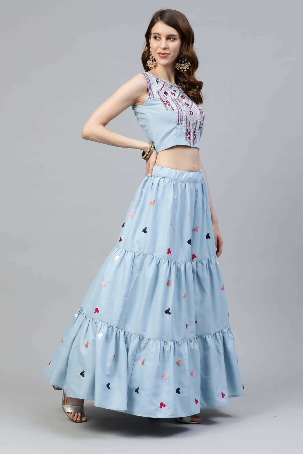 Sky Blue Cotton Embroidered Work Lehenga Choli with Dupatta - Jivika