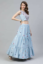 Sky Blue Cotton Embroidered Work Lehenga Choli with Dupatta - Jivika
