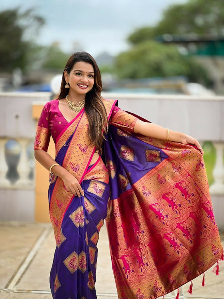 PR Fashion Violet Soft Banarasi Silk With Zari Weaving Meenakari Design Saree
