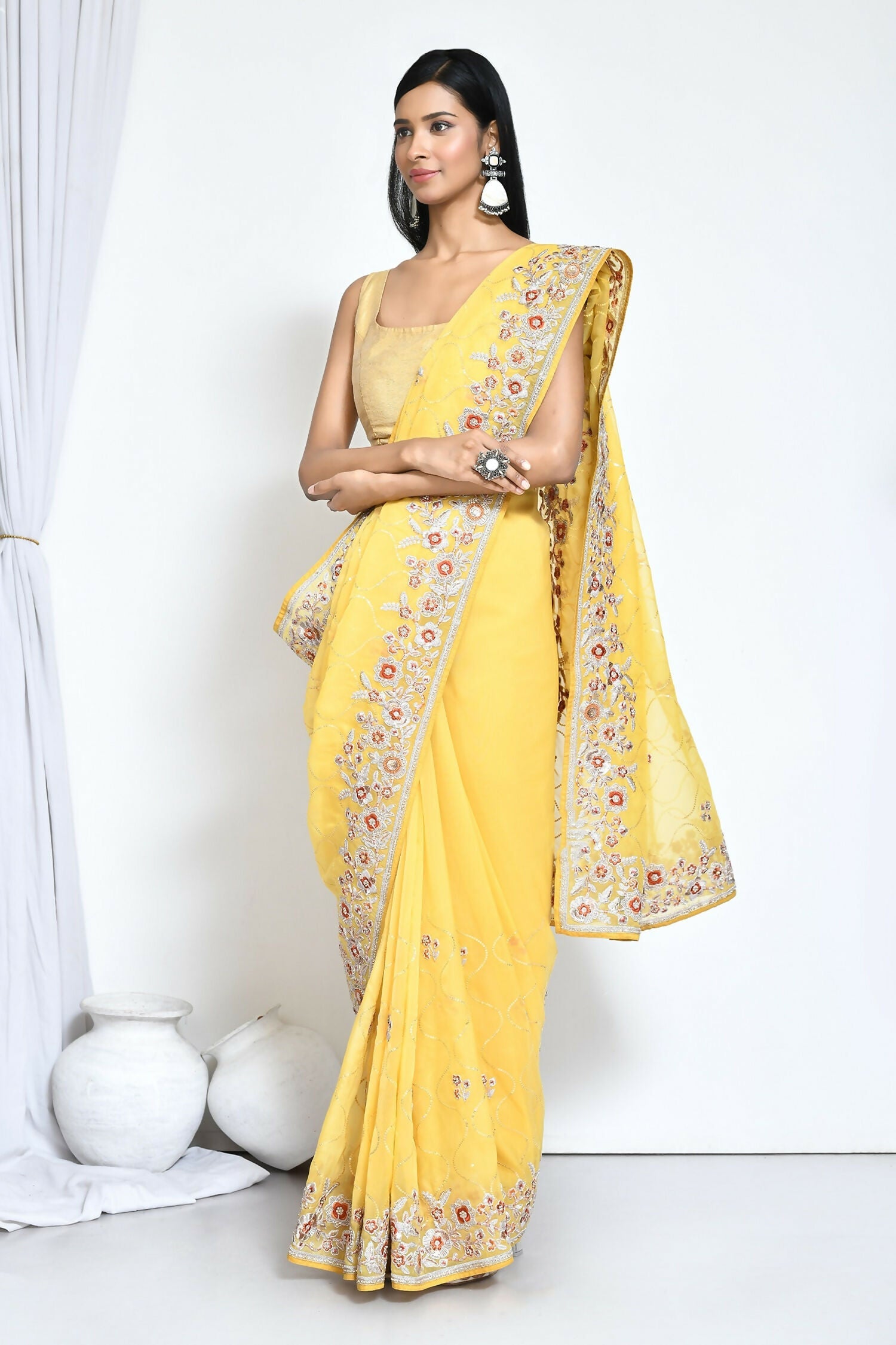 Yellow Organza Satin Silk Sequence Embroidered with Stone work Saree - Nimaya Benzy
