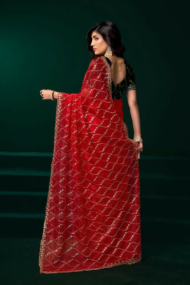 Joban Fashion Red Net Party Wear Sarees - Distacart