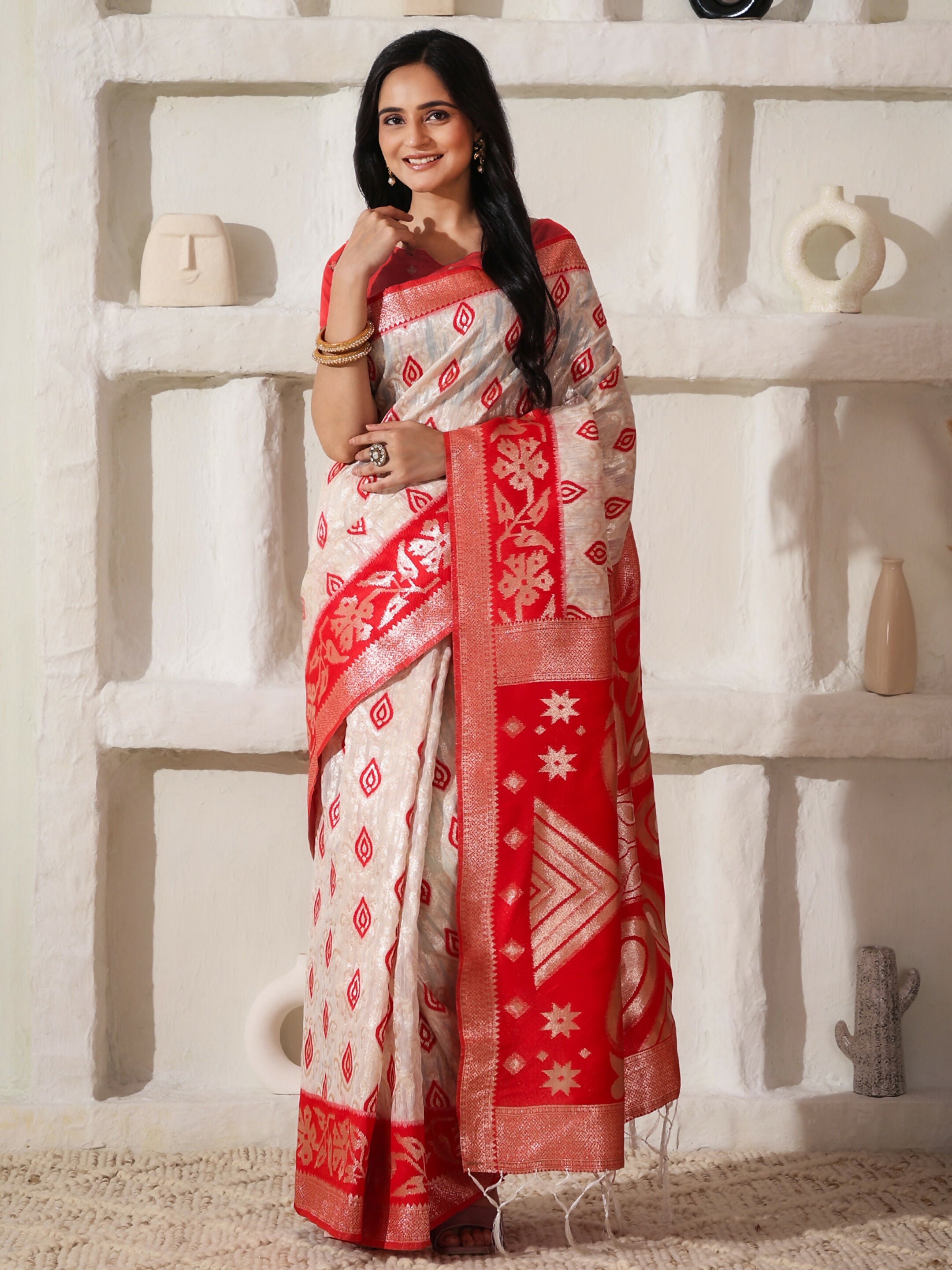 Shree Shyam Fashion Linen Cotton Red & White Saree - Distacart
