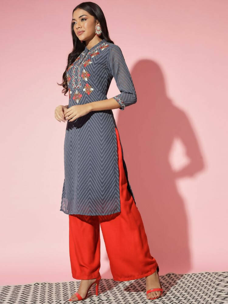 Myshka Women Grey Solid Georgette Straight V-Neck Kurtas - Distacart