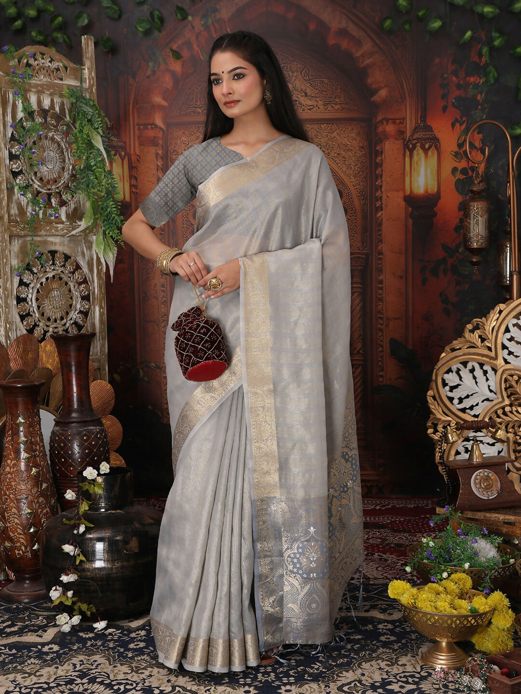 Shree Shyam Fashion Organza Gray Saree - Distacart