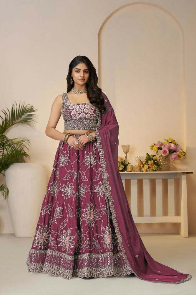 Kesar Fab Dark-Maroon Silk Embroidered Lehenga