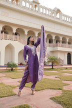 Jyoti Fashion Women's Purple Simmer Silk Floral Print with Embroidered Kurta Set