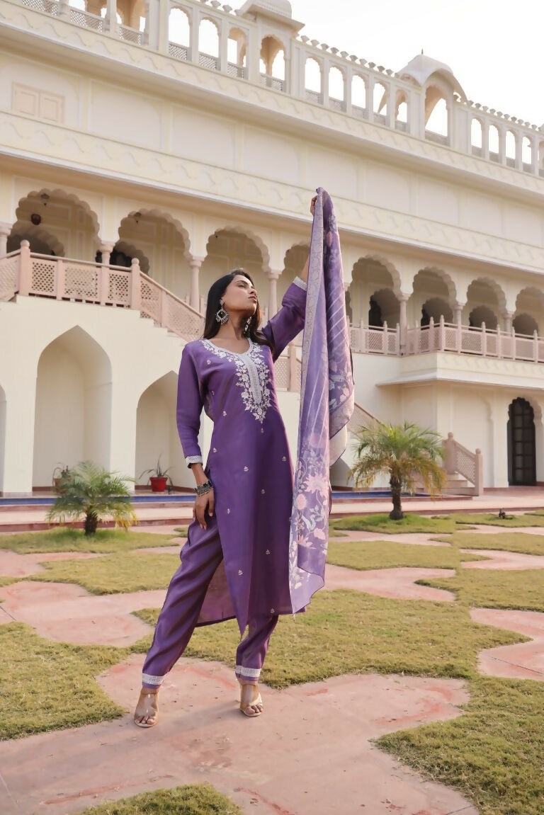 Jyoti Fashion Women's Purple Simmer Silk Floral Print with Embroidered Kurta Set