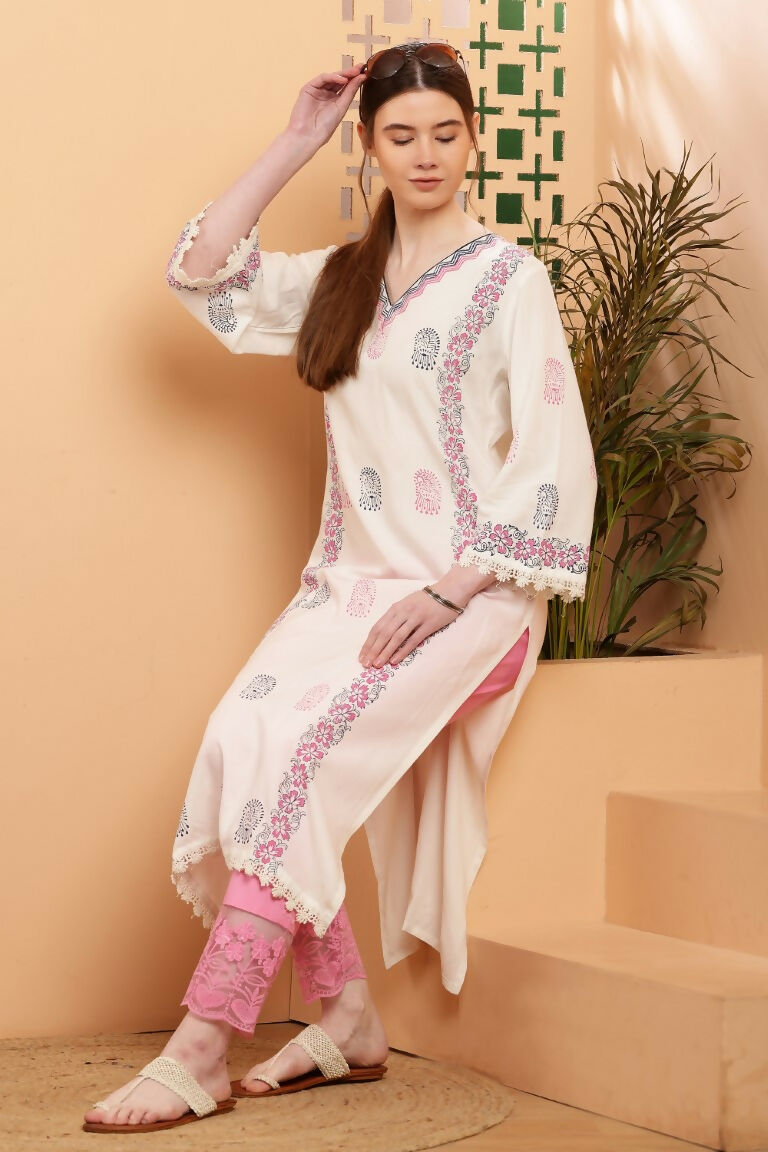 Cheera Women Stylish Hand Block Printed Cotton Blend Flared Kurta - Off White