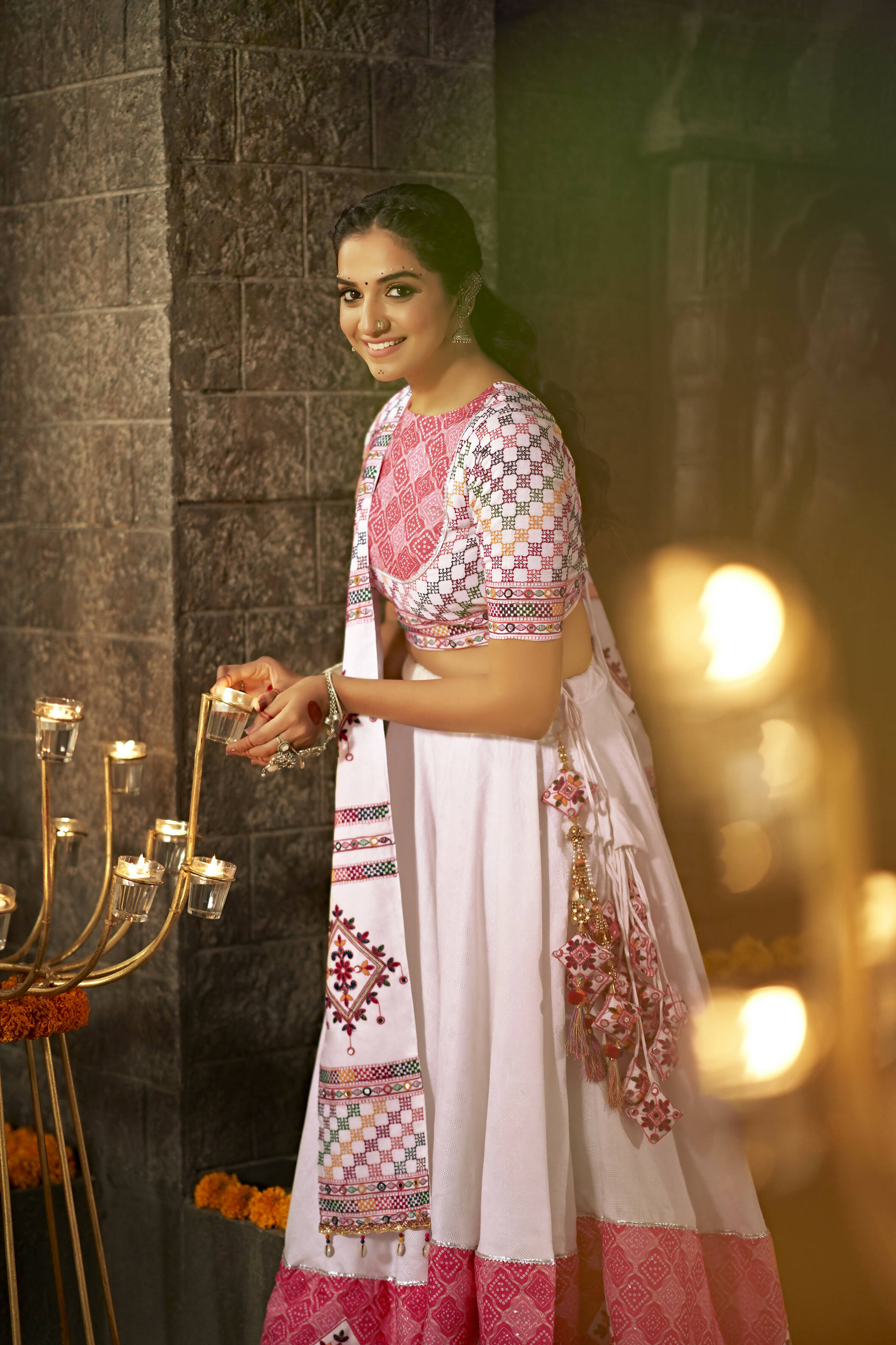 White Jacqard Cotton Thread Embroidered Navratri Lehenga Choli with Dupatta - Raas