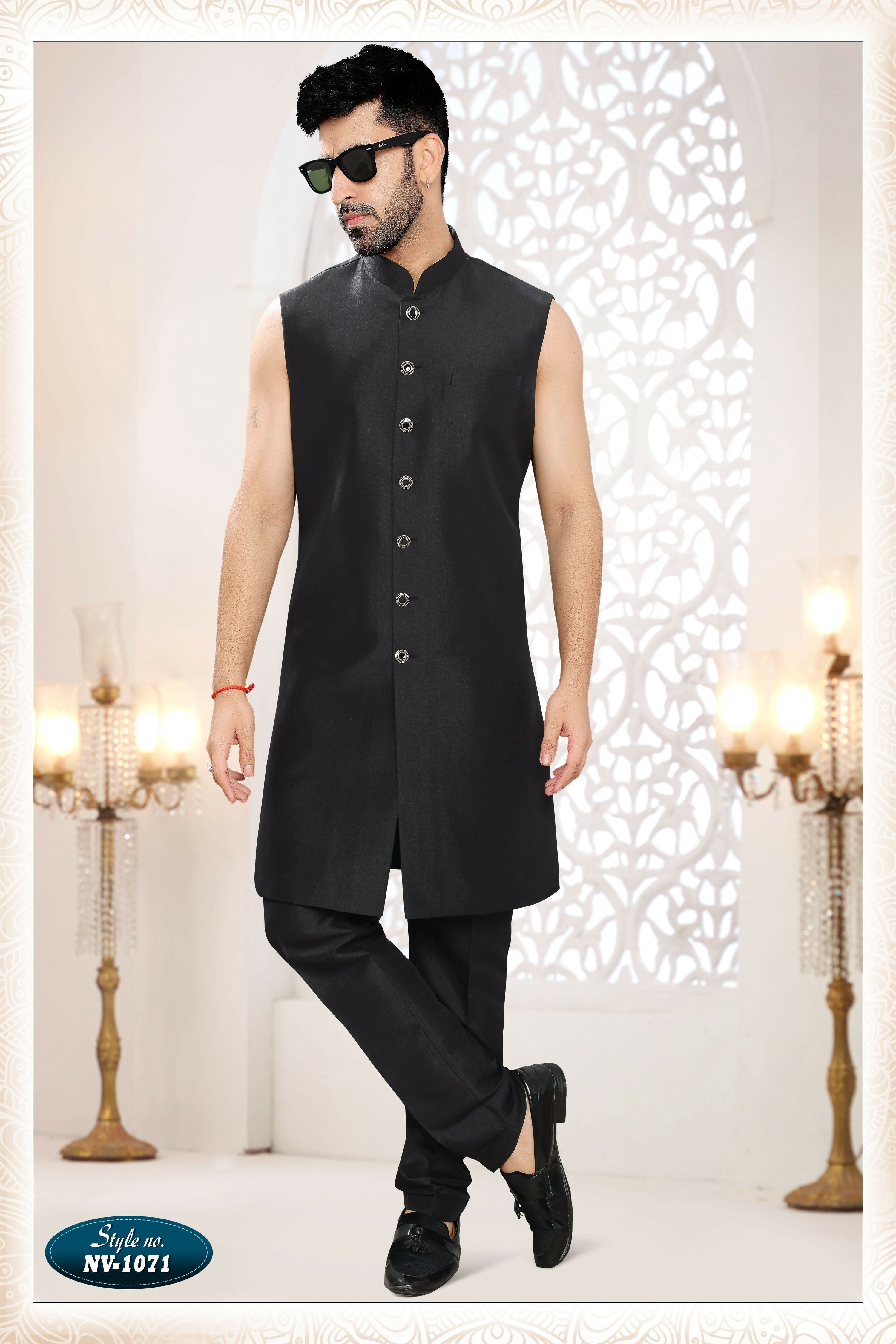 Joban Fashion Men's Black Straight Silk Thread And Sequence Embroidery All Over 3 Pc Kurta Set