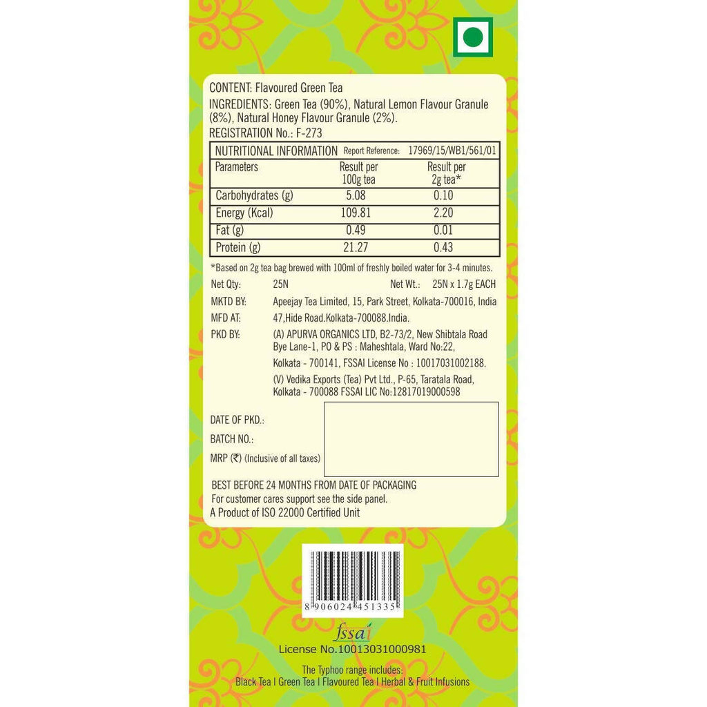 Typhoo Cleansing Lemon & Honey Green Tea Bags - Distacart