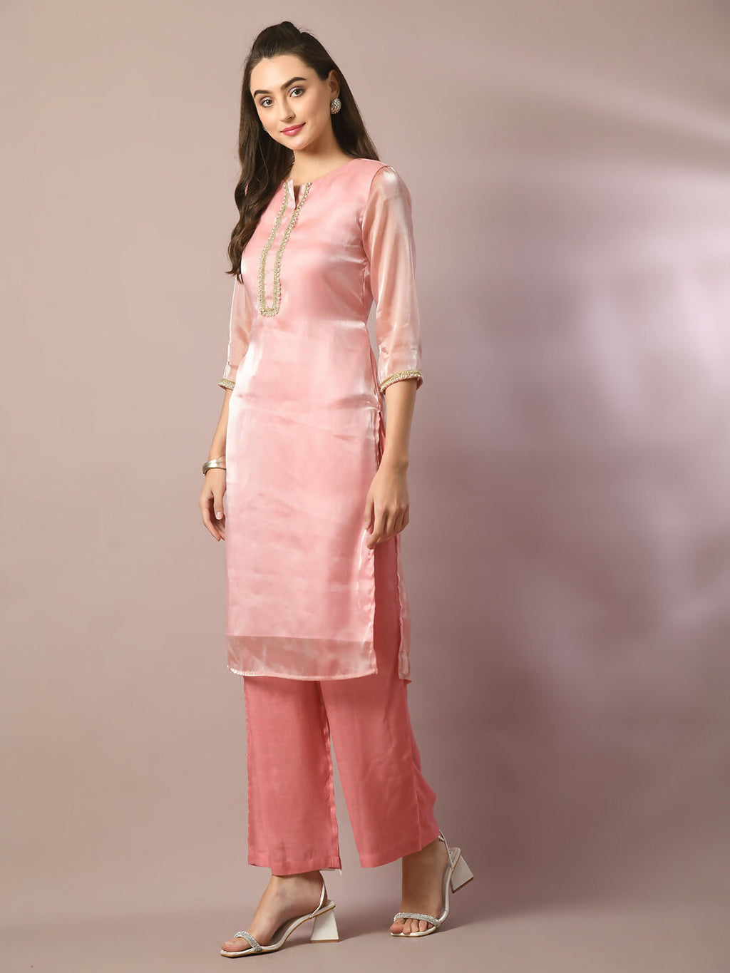 Myshka Women's Pink Solid Straight Party Kurta Set