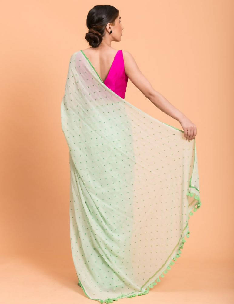 Suta Lime Green Polka Printed Pure Cotton Saree - Distacart