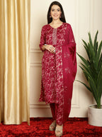 Jyoti Fashion Women's Red Pashmina Floral Digital Printed Kurta with Trouser & Dupatta