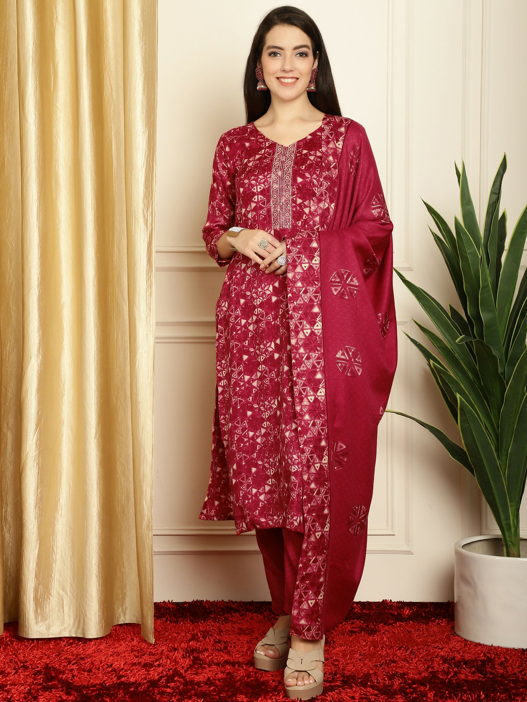 Jyoti Fashion Women's Red Pashmina Floral Digital Printed Kurta with Trouser & Dupatta