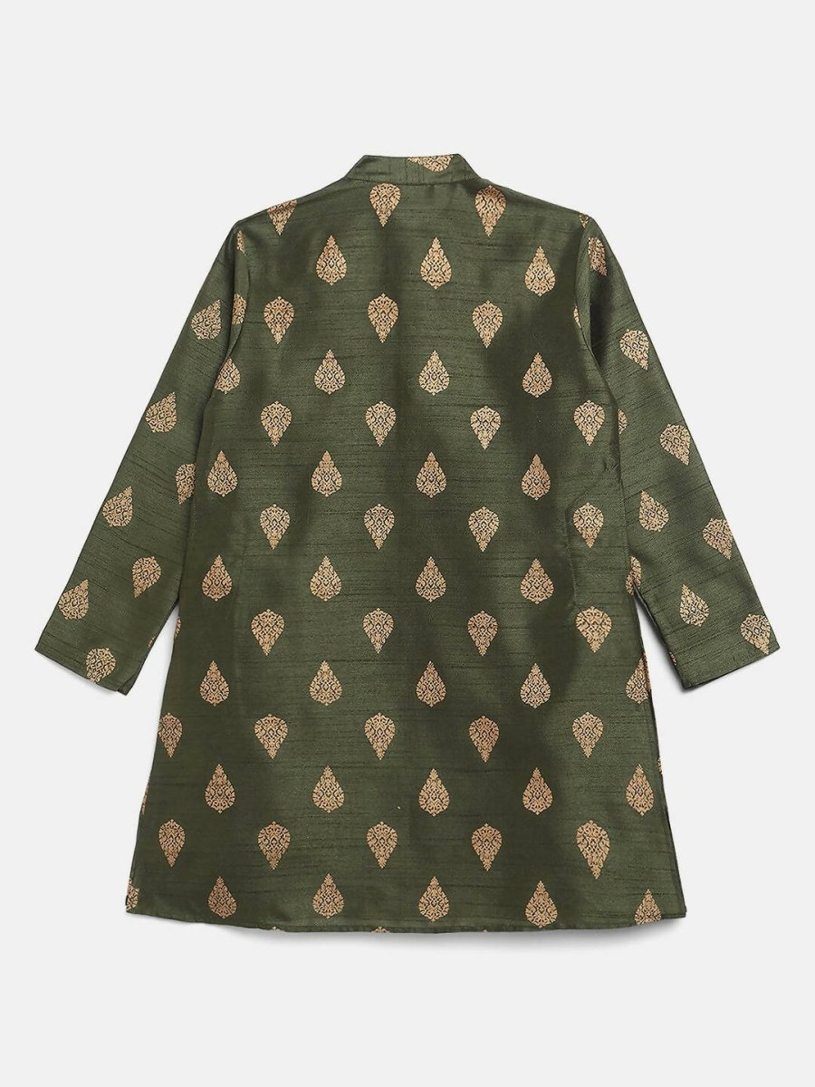 Ahalyaa Green Poly Silk Gold Print Kids Kurta Churidar Set For Boys