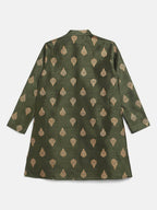 Ahalyaa Green Poly Silk Gold Print Kids Kurta Churidar Set For Boys