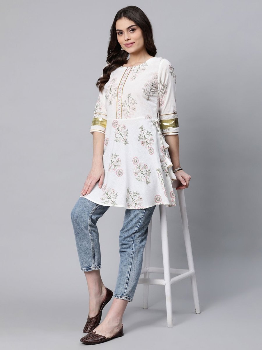 Ahalyaa Women Off White Pure Cotton Floral Printed Tunic - Distacart